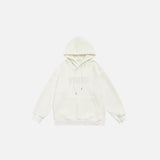 Front view of the beige Solid Color Embroidered Hoodie in a gray background