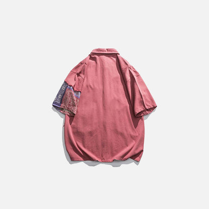 Back view of the pink Bandanna Patchwork Shirt in a gray background