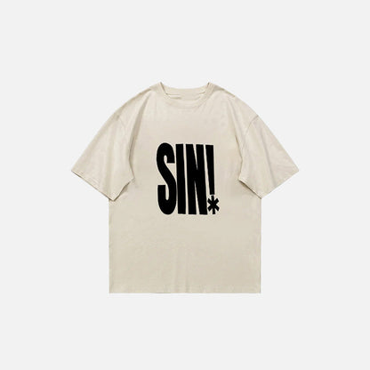 Front view of the beige Women's Vintage Letter Print T-shirt in a gray background