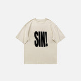 Front view of the beige Women's Vintage Letter Print T-shirt in a gray background