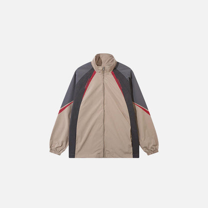 Front view of the khaki Y2K Retro Zip-Up Windbreaker Jacket in a gray background