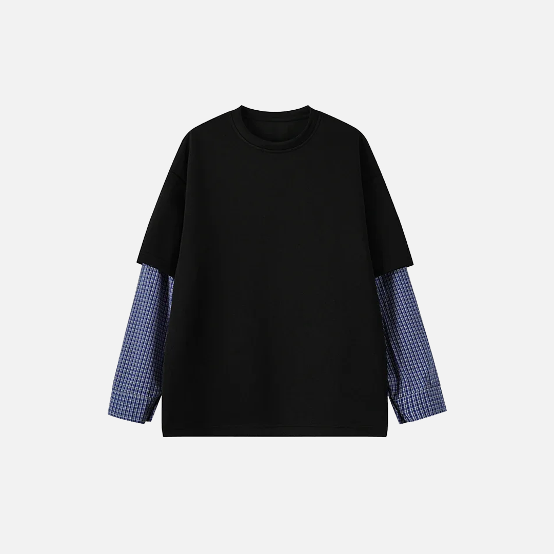 Blue Plaid Fake Two-Piece Long Sleeve T-Shirt