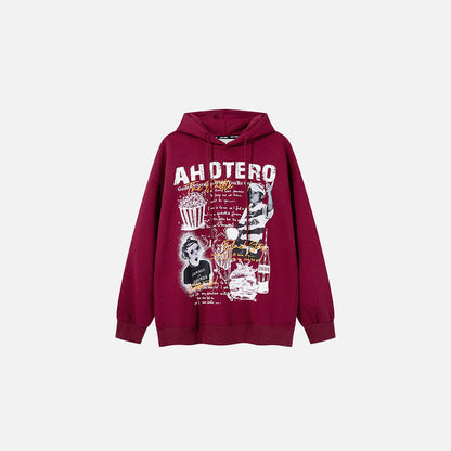 Front view of the red AHOTERO Retro Art Hoodie in a gray background