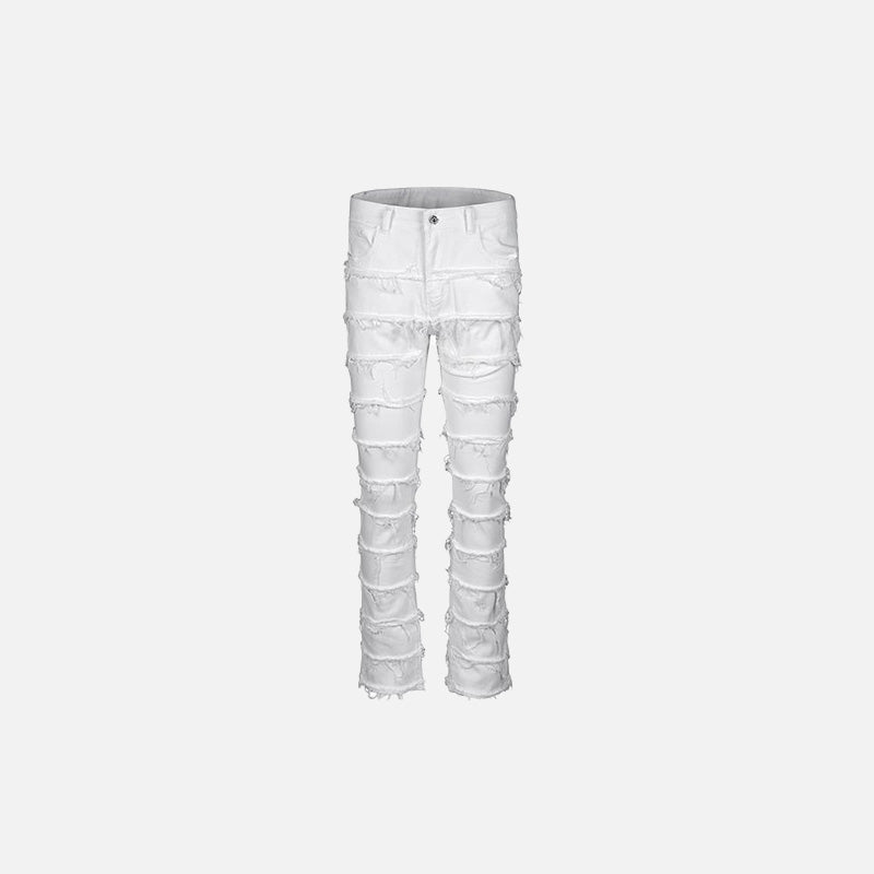 Front view of the white Distressed Patchwork Skinny Jeans in a gray background