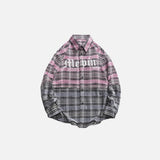 Front view of the pink Urban Plaid Shirt in a gray background