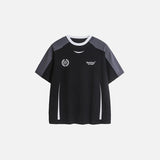 Front view of the black Loose Sports Athletic T-shirt in a gray background