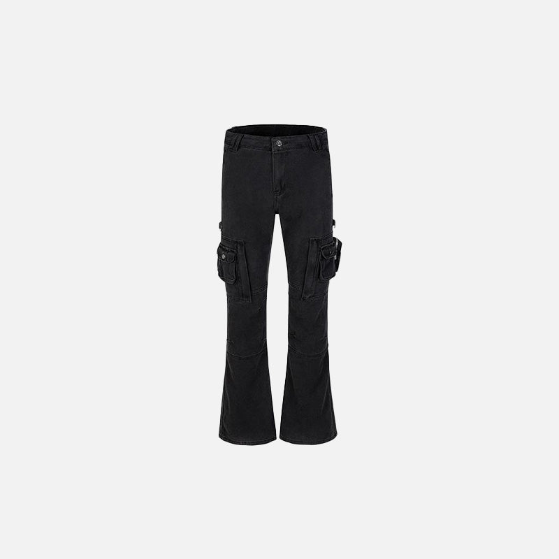 Front view of the black Tactical Flared Jeans in a gray background
