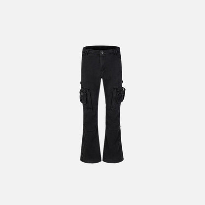 Front view of the black Tactical Flared Jeans in a gray background