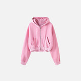 front view of the pink Women's Fleece Zip-up Hoodie in a gray background 