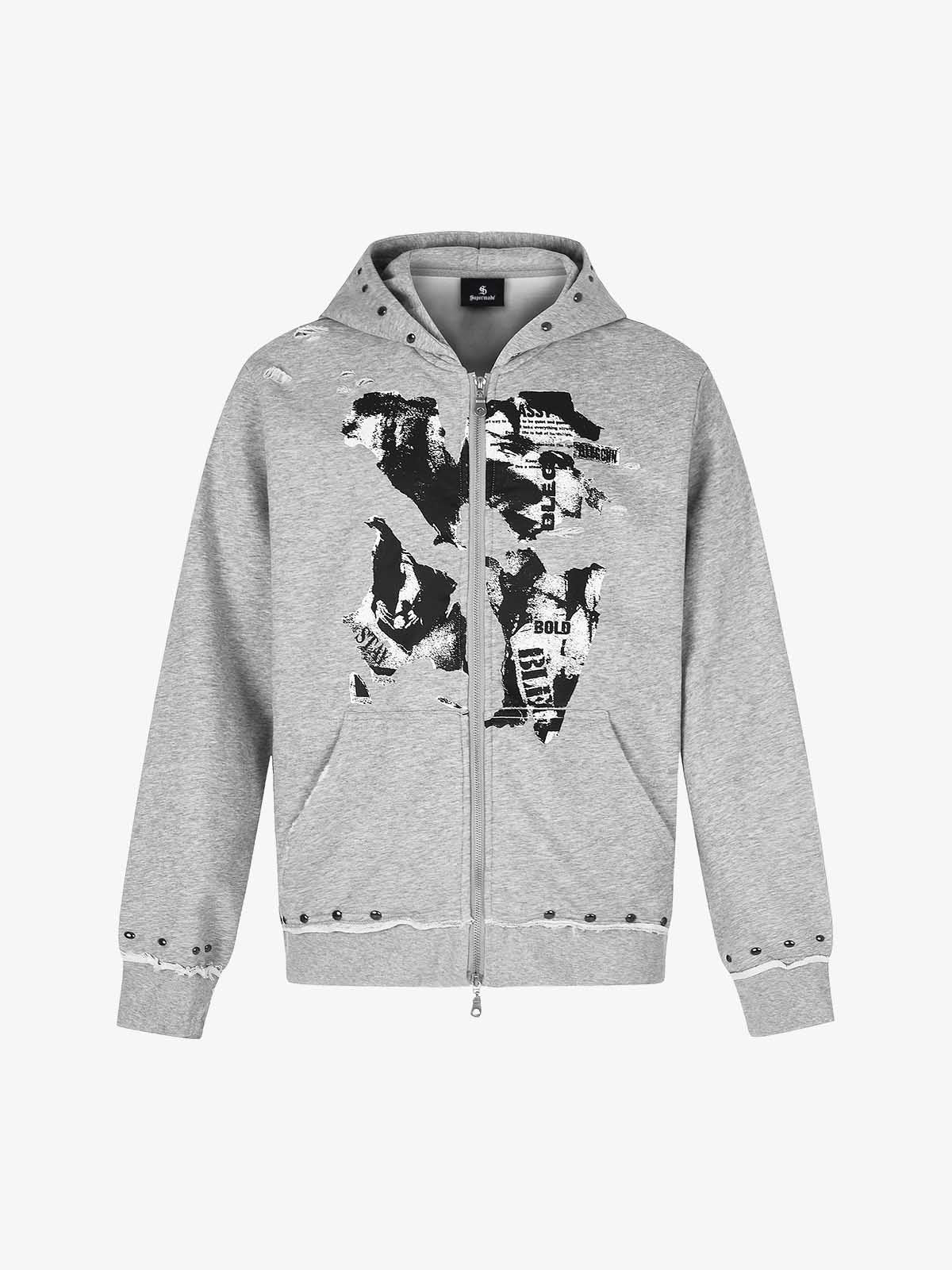 Studded Zip-Up Hooded Punk Sweatshirt Jacket; Flower Ash / S, Flower Ash / M, Flower Ash / L, Flower Ash / XL