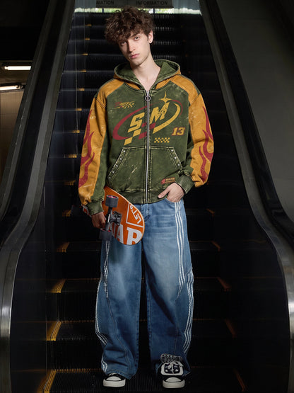 Washed Flame Graphic Zip-Up Hoodie