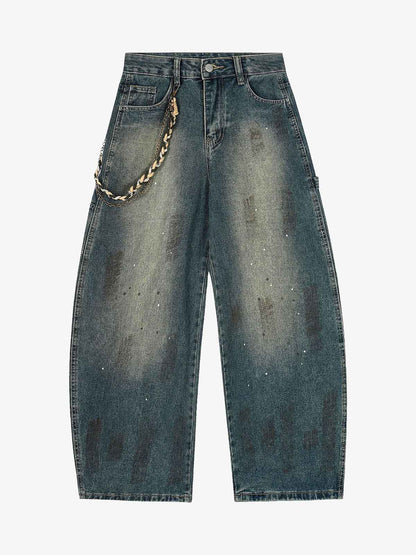 Distressed Denim Jeans with Braided Chain Detail - Perfect for Casual and Streetwear Styles 