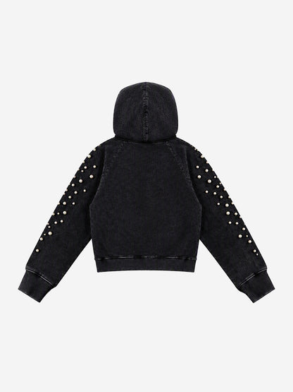 Pearl Studded Washed Distressed Cropped Hoodie