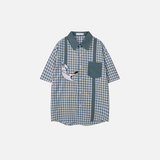 Y2K Plaid Cat Embroidery Casual Short Sleeve Shirt