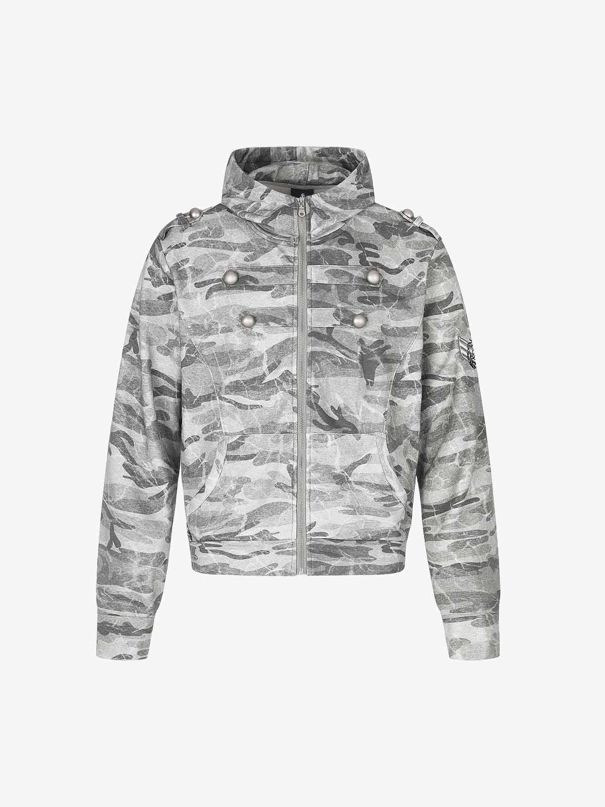 Studded Camo Hooded Sweatshirt Jacket; Light Grey / S, Light Grey / M, Light Grey / L, Light Grey / XL