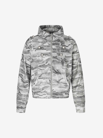 Studded Camo Hooded Sweatshirt Jacket; Light Grey / S, Light Grey / M, Light Grey / L, Light Grey / XL