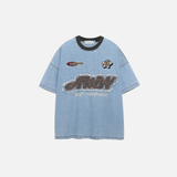 Summer Streetwear Embroidered Patch Denim T-Shirt