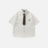 Elevated Japanese Style With Tie Loose Short Sleeve Shirt