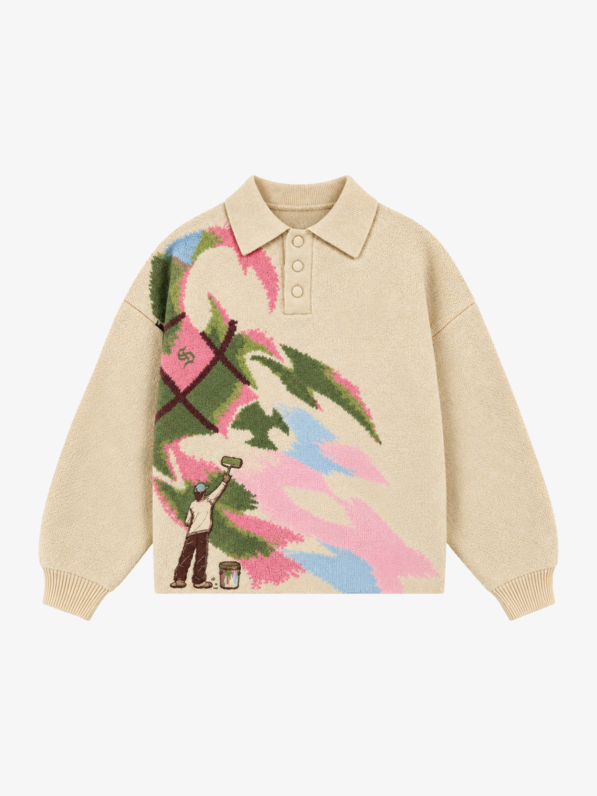 Art Story Graphic Jacquard Knit Polo Sweater; Apricot / S, Apricot / M, Apricot / L, Apricot / XL, Apricot / 2XL