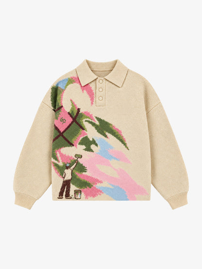 Art Story Graphic Jacquard Knit Polo Sweater; Apricot / S, Apricot / M, Apricot / L, Apricot / XL, Apricot / 2XL