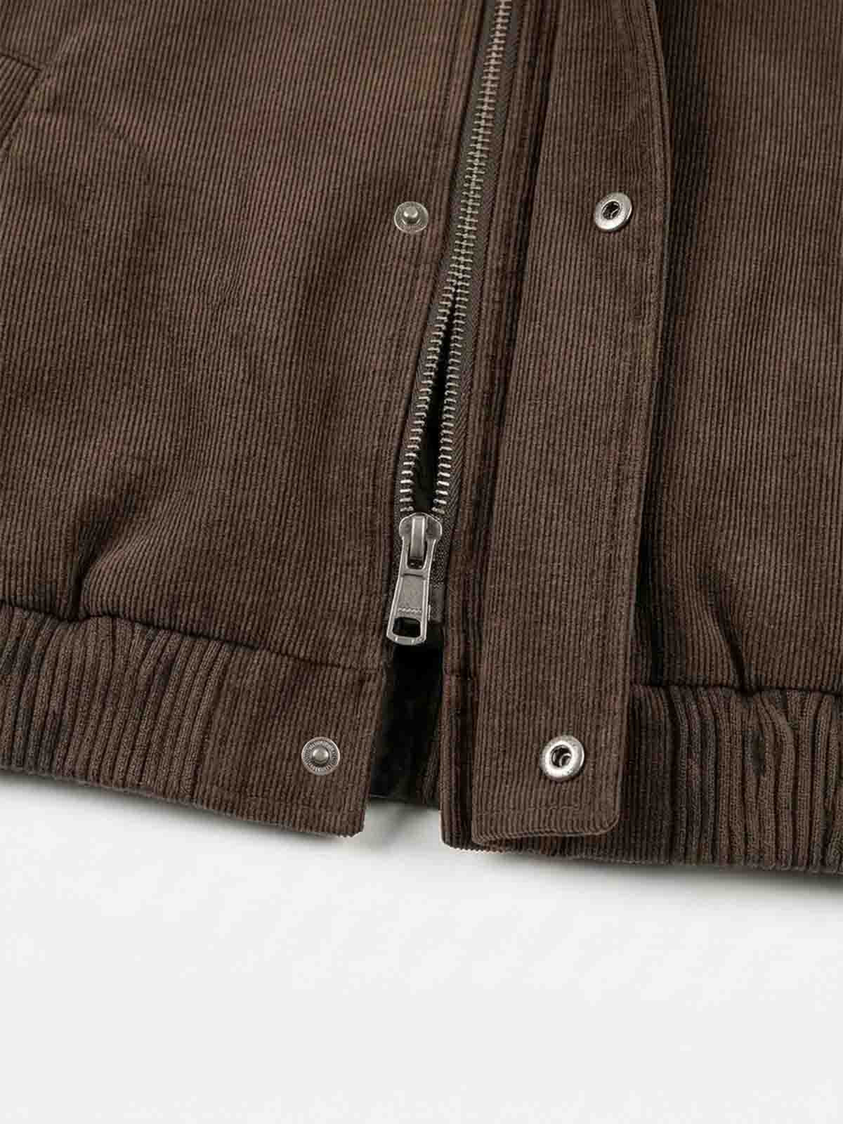Embroidered Faux-Fur Collar Oversized Distressed Bomber Jacket; Brown / S, Brown / M, Brown / L, Brown / XL, Brown / 2XL