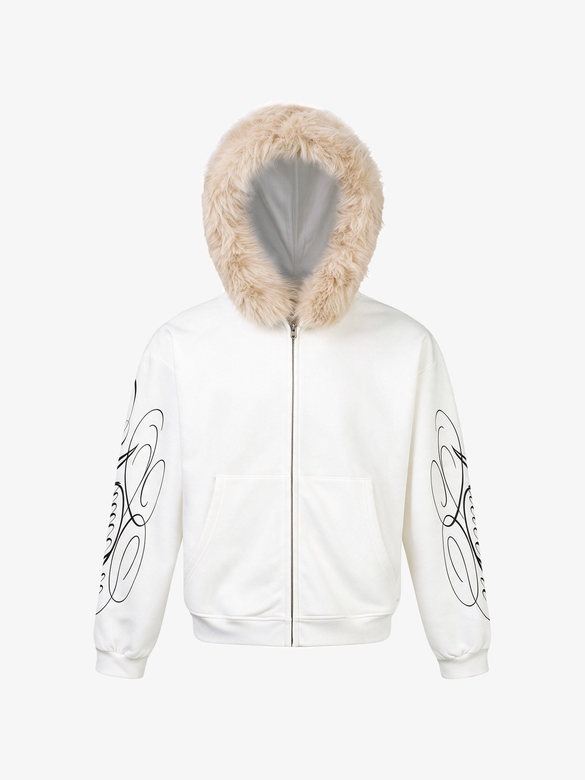 Fur-Trim Sleeve Graphic Zip Hoodie; White / M, White / L, White / XL, White / 2XL