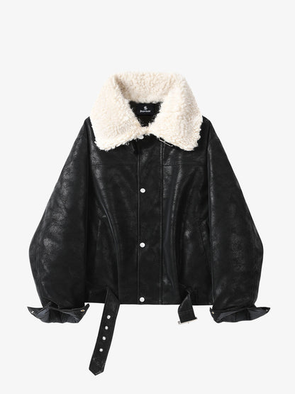 Faux Shearling PU Leather Padded Jacket; Black / M, Black / L, Black / XL, Black / 2XL