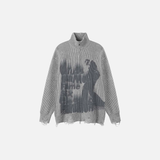 Graffiti Printed Ripped Knitted Zipper Cardigan