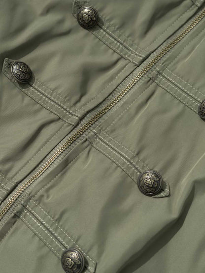Leopard Faux-Fur Collar Button-Front Padded Coat; Gray-Green / S, Gray-Green / M, Gray-Green / L, Gray-Green / XL