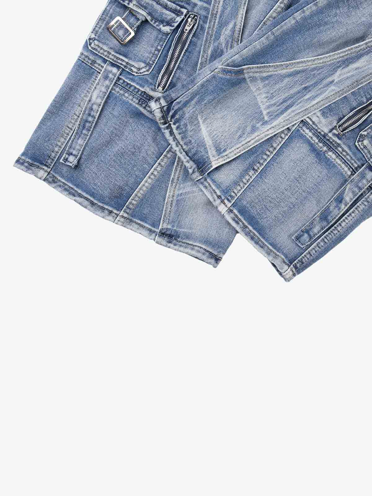 Washed Multi-Pocket Curved-Seam Cargo Jeans; Blue / S, Blue / M, Blue / L, Blue / XL