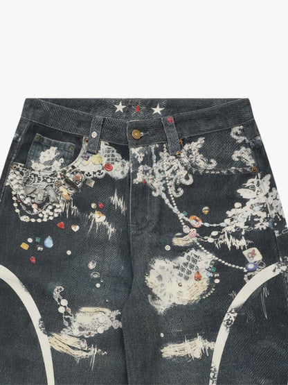 Digital 3D Graphic Distressed Denim Jeans; Black / S, Black / M, Black / L, Black / XL, Black / 2XL