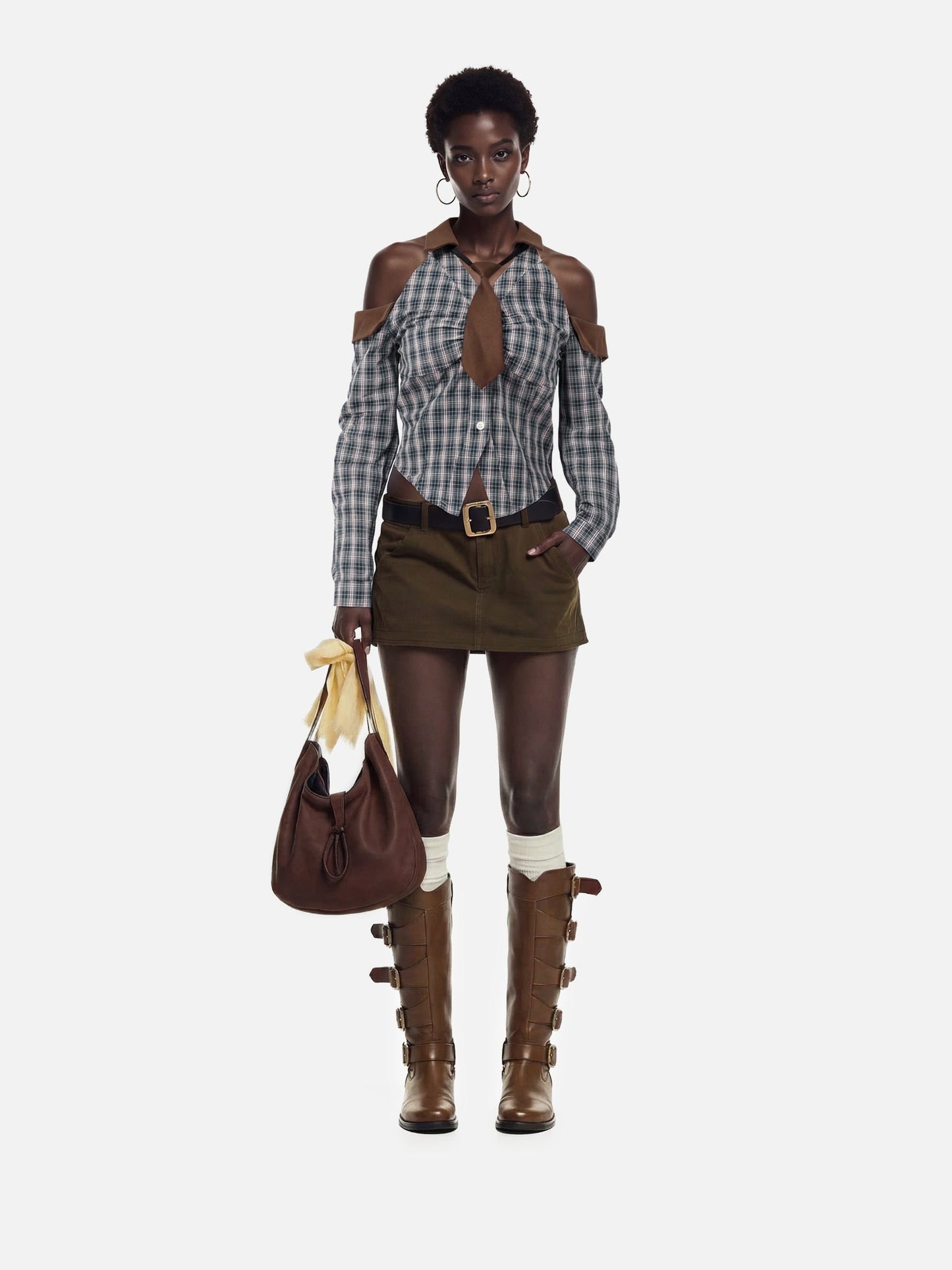 Plaid Tie Cropped Long Sleeve Shirt