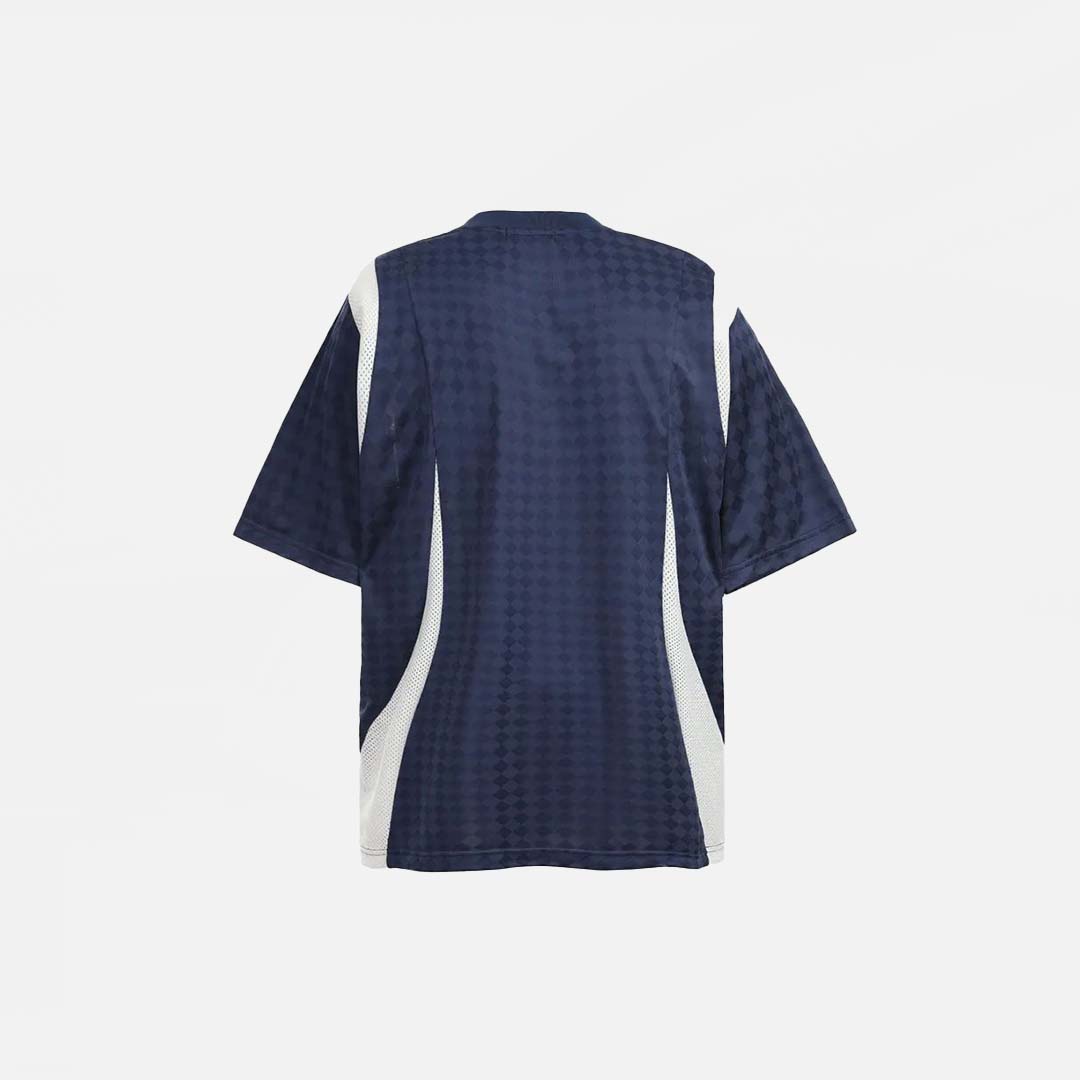 Back view of the blue Vintage Patchwork Sports Graphic T-Shirt in a gray background