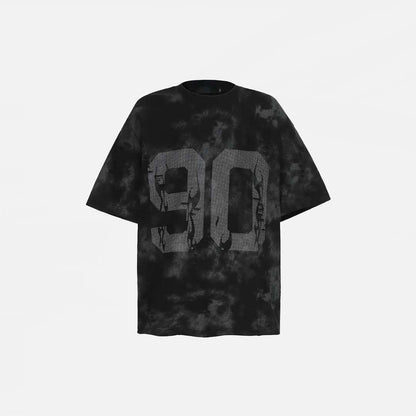 Front view of the black Vintage Graphic Printed Grunge T-Shirt in a gray background