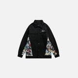 Front view of the black Patchwork Pop Jacket in a gray background