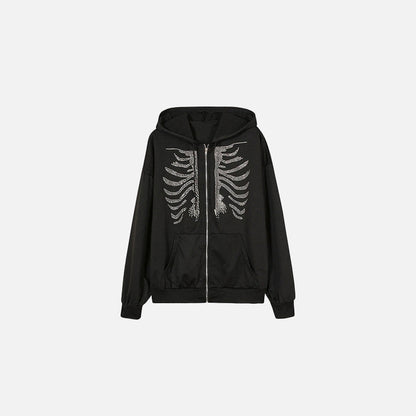 Front view of the black Bone Chill Zip-Up Hoodie in a gray background