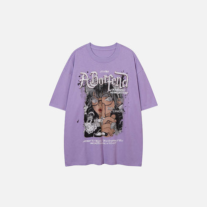 Front view of the purple Retro Manga Graphic T-shirt in a gray background