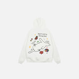 Back view of the white Happy Cat Comfort Hoodie in a gray background