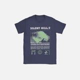 Front view of the navy blue Silent Hill 2 Graphic T-Shirt in a gray background