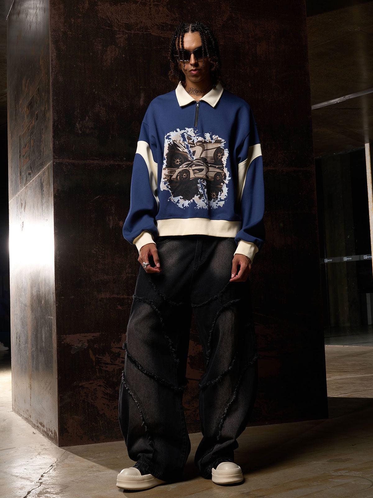 Original Racing Style Print Lapel Sweatshirt; Purplish Blue / S, Purplish Blue / M, Purplish Blue / L, Purplish Blue / XL, Purplish Blue / 2XL, Purplish Blue / 3XL