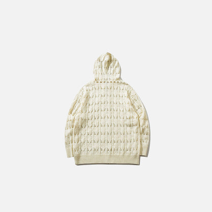 Back view of the khaki Textured Knitted Hooded Sweater in a gray background