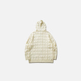 Back view of the khaki Textured Knitted Hooded Sweater in a gray background