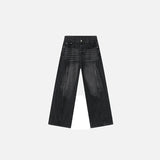 Front view of the black Flowline Denim Jeans in a gray background