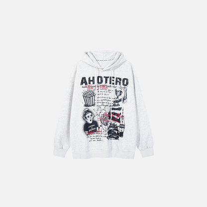 Front view of the gray AHOTERO Retro Art Hoodie in a gray background