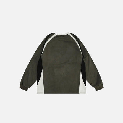 Back view of the green Retro Embroidery Patchwork Sweatshirt in a gray background