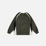 Back view of the green Retro Embroidery Patchwork Sweatshirt in a gray background
