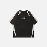 Front view of the black Y2K Embroidery Patchwork Sports T-shirt in a gray background