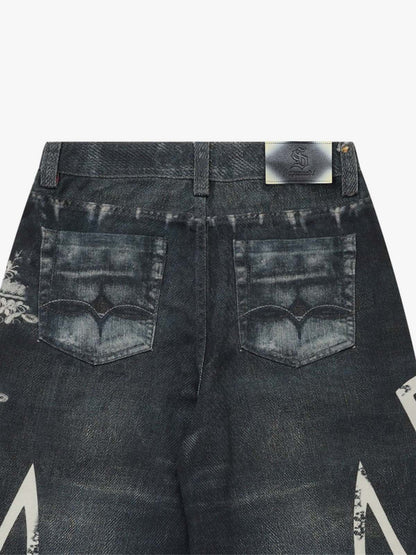Digital 3D Graphic Distressed Denim Jeans; Black / S, Black / M, Black / L, Black / XL, Black / 2XL
