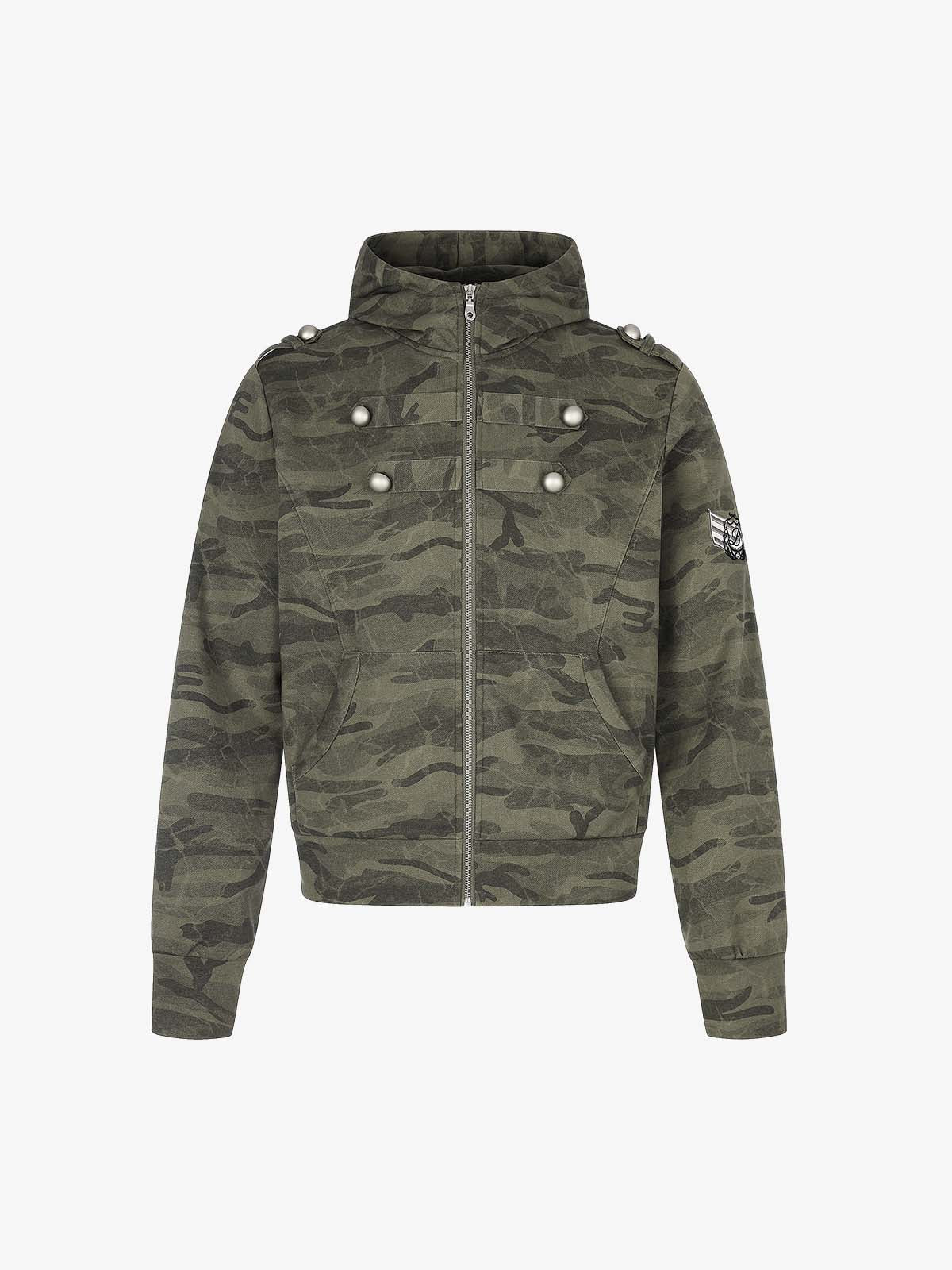 Studded Camo Hooded Sweatshirt Jacket; Army Green / S, Army Green / M, Army Green / L, Army Green / XL