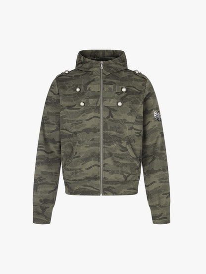 Studded Camo Hooded Sweatshirt Jacket; Army Green / S, Army Green / M, Army Green / L, Army Green / XL